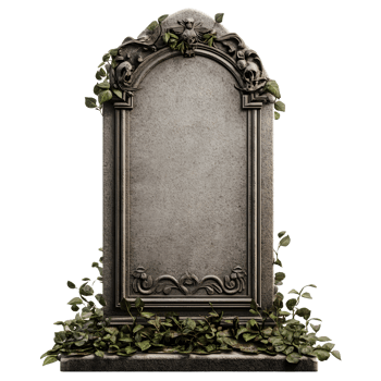 Ornate weathered stone tombstone with ivy overgrown isolated on transparent background png