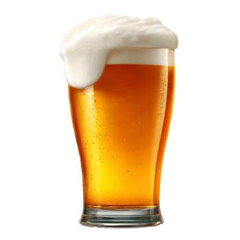 A tall glass of golden amber beer with a thick white foamy head isolated on transparent background png