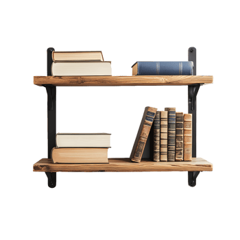 Rustic wooden bookshelf with a collection of antique and modern books isolated on transparent background png