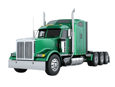 A vibrant green peterbilt semi truck with chrome accents isolated on transparent background png