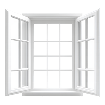 Classic white casement window with open panes showing a bright clear view isolated on transparent background png