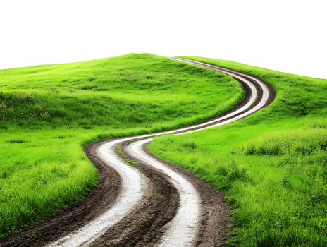 Curving dirt road winding through lush green grassy hill isolated on transparent background png