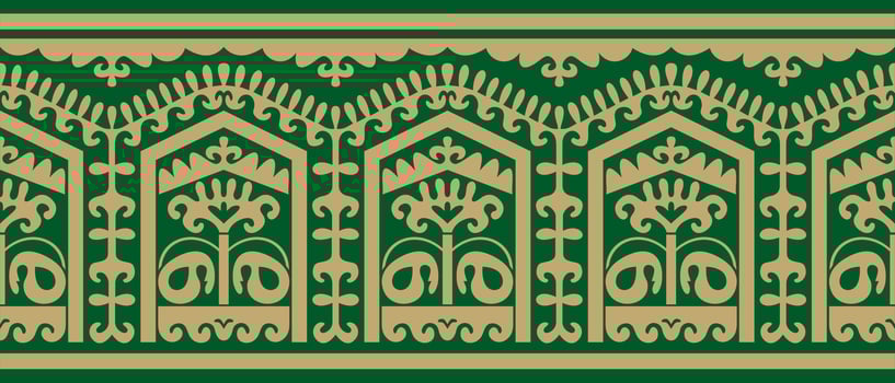 uzbek gold and green seamless ornament. Endless turkic border. Cultural heritage central asia. vector