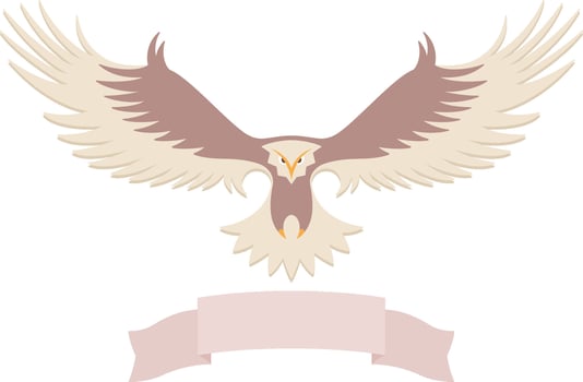 Modern simple eagle logo design in soft gentle pastel beige,pink and brown colors, stylized graphic eagle, with empty ribbon banner for your text on the white background. vector