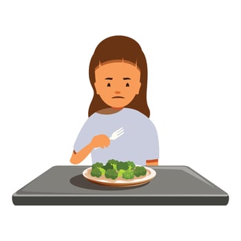 Little girl unhappy eating broccoli at table, sad child refusing healthy food vector