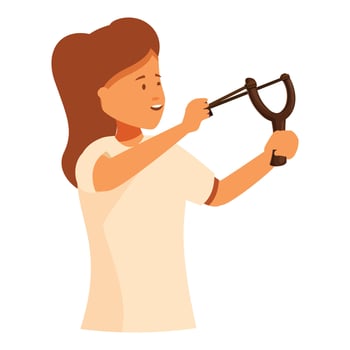 Girl playing with wooden slingshot, having fun outdoors vector