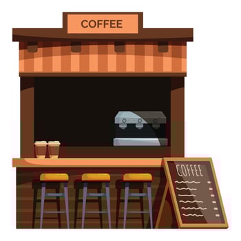 Street coffee shop selling takeaway beverages with bar stools and menu sign vector