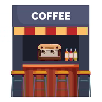 Coffee shop building with espresso machine and bar stools serving beverages vector