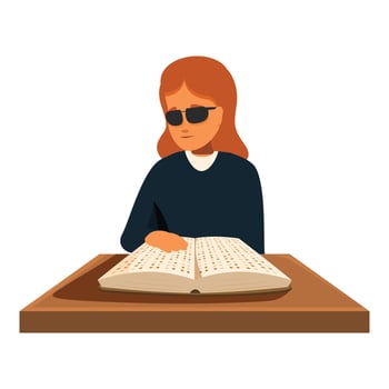 Visually impaired student reading braille book at desk vector