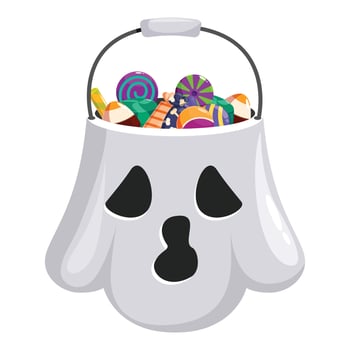 Ghost trick or treat bucket overflowing with candy and sweets vector