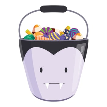 Halloween candy bucket with vampire face holding colorful sweets vector