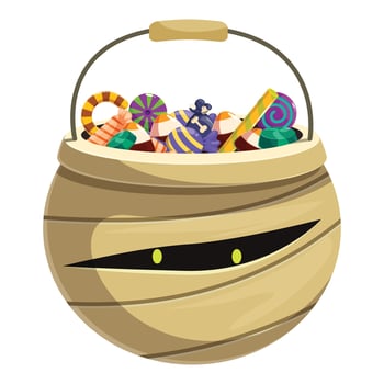 Mummy trick or treat basket overflowing with candies for halloween night vector