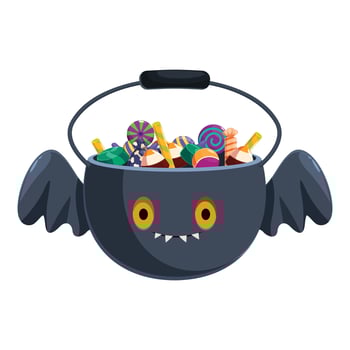 Halloween candy basket shaped like a cauldron with bat wings and full of sweets vector