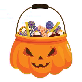Halloween pumpkin basket overflowing with colorful candy and treats vector