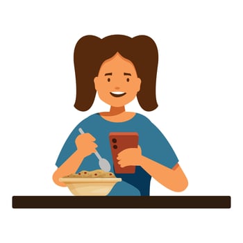 Smiling girl using smartphone while eating breakfast cereal vector