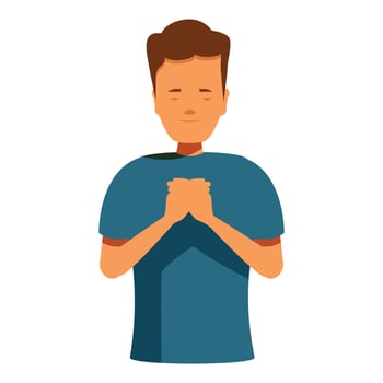 Young man praying with hope and faith, clasping hands together vector