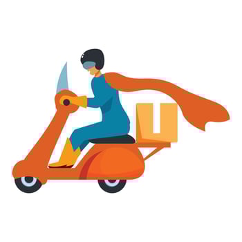Superhero courier riding scooter delivering package with red cape flowing vector