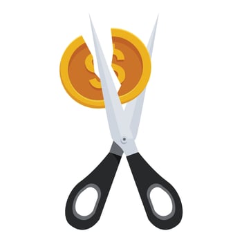 Scissors cutting a gold coin in half, reducing costs and expenses vector