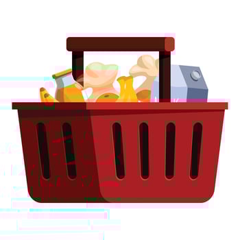 Red shopping basket full of groceries and food containing milk, juice, bananas and bread vector