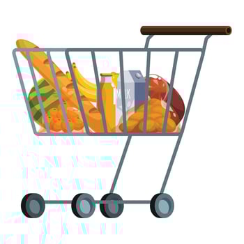 Shopping cart full of groceries representing healthy eating and consumerism vector