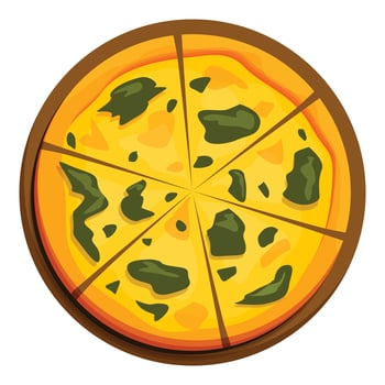 Delicious round spinach pizza presenting eight slices on wooden plate vector