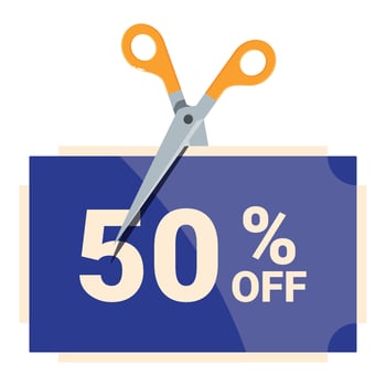 Scissors cutting a 50 percent off coupon, big discount concept vector