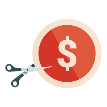 Scissors cutting price tag with dollar sign, cost reduction concept vector