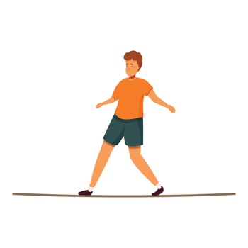 Young man carefully balancing on tightrope, maintaining equilibrium vector