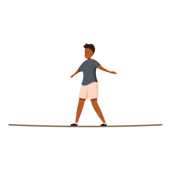 Young man carefully walking on tightrope balancing and maintaining equilibrium vector