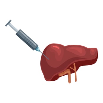 Syringe injecting medicine into human liver for healthcare treatment vector