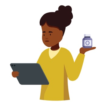 Doctor holding medication and consulting digital tablet for online patient treatment vector