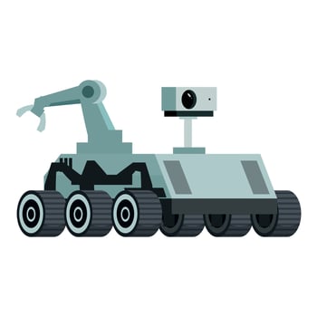 Exploration rover moving on alien planet surface gathering data with robotic arm and camera vector