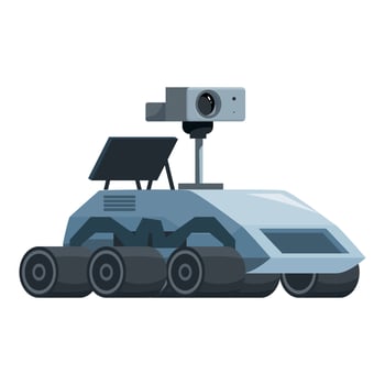 Autonomous rover exploring extraterrestrial planet surface with camera and solar panel vector
