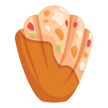Delicious madeleine cake covered with white chocolate and candied fruit vector