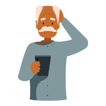 Confused senior man holding smartphone and scratching head vector