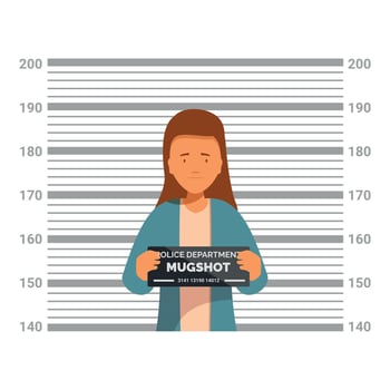 Young woman posing for mugshot, holding police department sign vector
