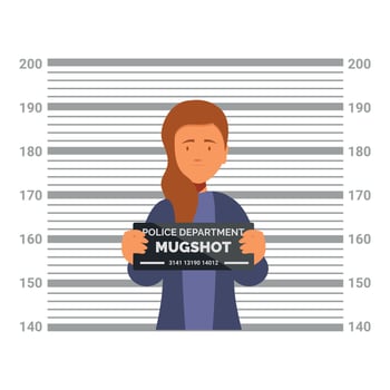 Woman posing for mugshot, holding sign with mugshot text vector