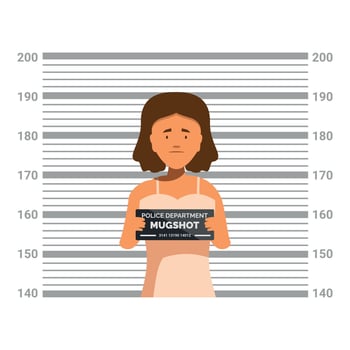 Sad woman posing for mugshot with height chart in background vector
