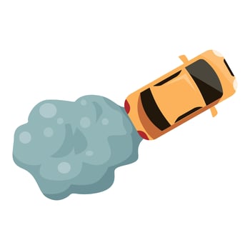 Yellow car leaving a trail of exhaust smoke, air pollution concept vector