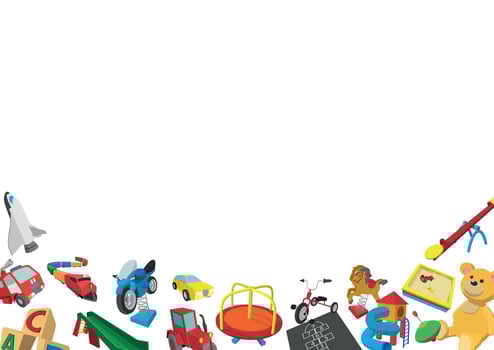 Cartoon toys frame creating a playful border on white background vector