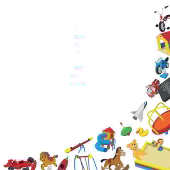 Colorful children toys forming a border on white background vector