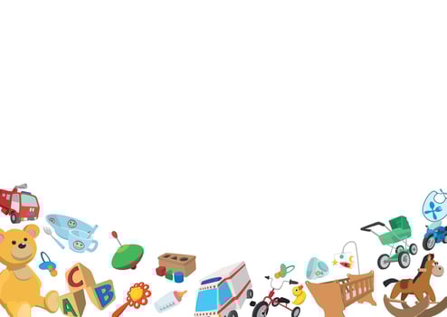 Baby toys forming a bottom border on white background vector