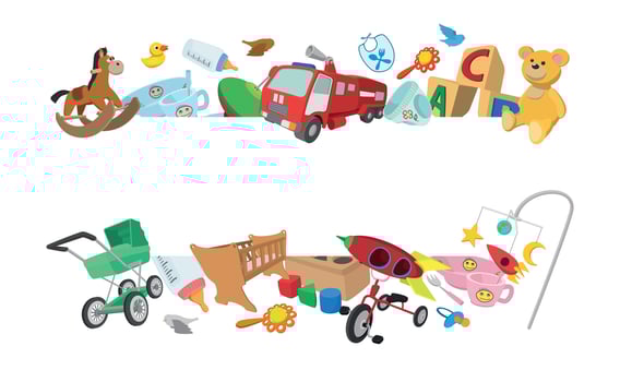 Baby toys and accessories forming a decorative border vector
