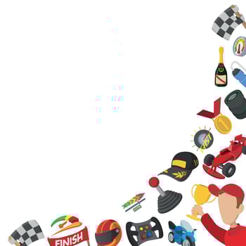 Racing driver holding trophy with racing icons pattern vector