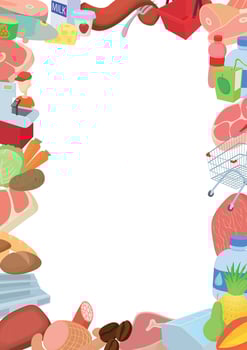Supermarket grocery food frame border with cashier, shopping cart, meat, produce, dairy, and snacks vector