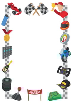 Racing frame border decorated with helmet, steering wheel, and golden trophy vector
