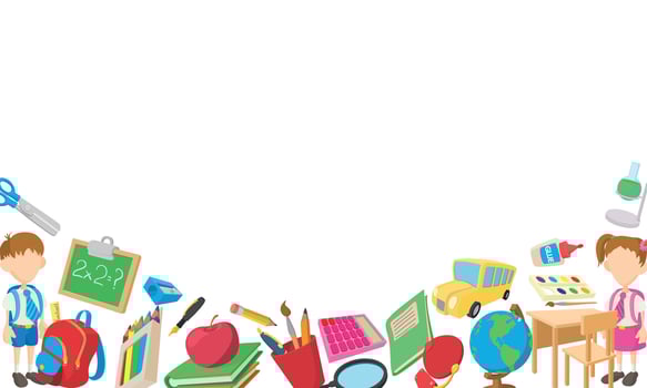 School supplies framing two pupils with backpacks ready for back to school vector
