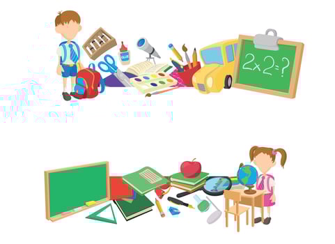Pupils surrounded by school supplies getting ready for learning vector