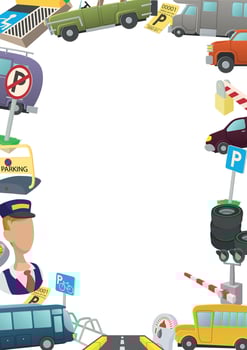 Parking cartoon frame with bus driver, vehicles and road signs vector