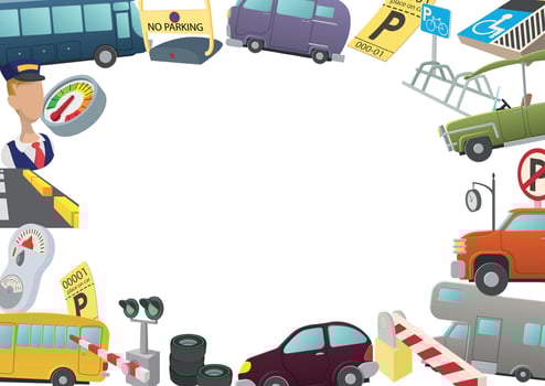 Parking frame with cars, buses, and parking attendant holding parking disc vector